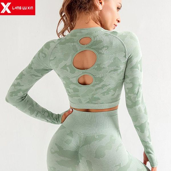 

yoga outfit women tight running hollow seamless long sleeves t shirt workout loose gym sports t-shirt thumb hole