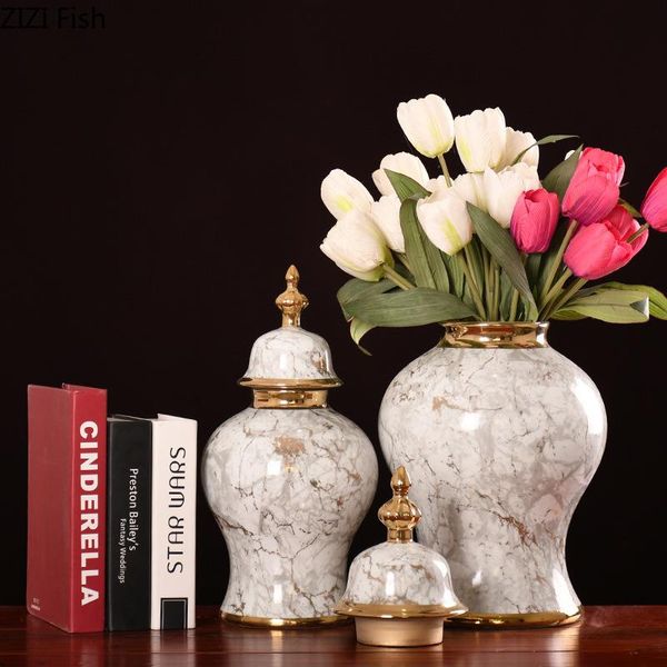 

vases gold-plated marble texture ceramic vase desk decoration flower pots decorative artificial floral arrangement