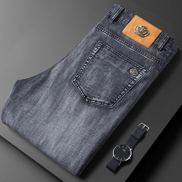 

men's jeans minglu cotton summer mens luxury solid color ventilate washing male pants fashion slim fit bee label man trousers 40, Blue