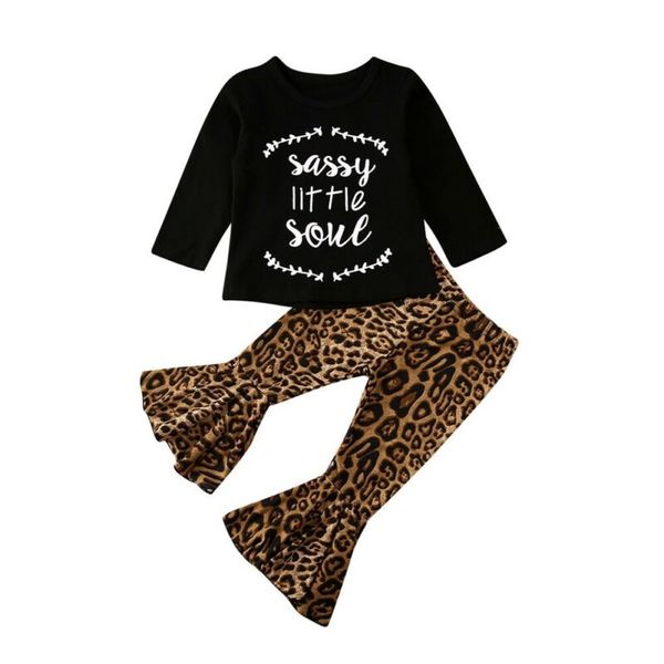 

1-6y toddler baby kids girl clothes sets leopard letter print t-shirt & flared pants trousers outfits, White
