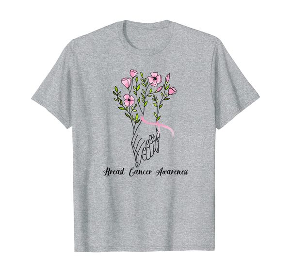 

holding hands flowers pink ribbon breast cancer awareness t-shirt, White;black