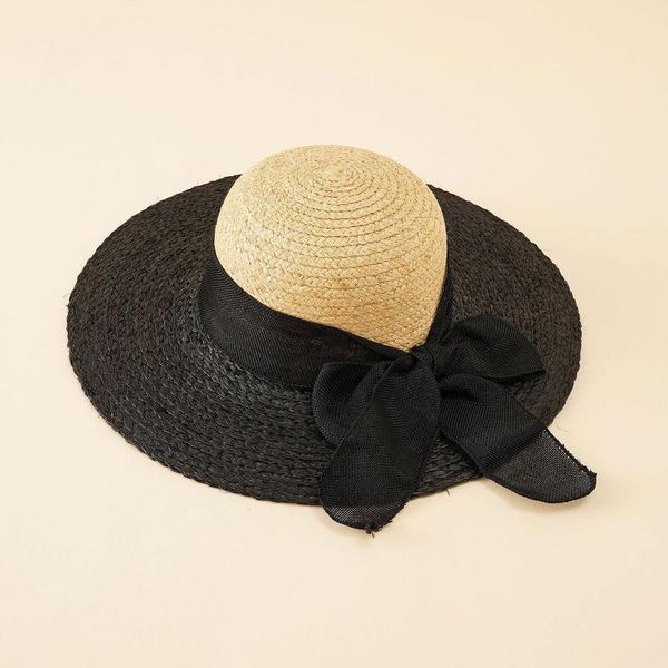 

wide brim hats women's summer hat with color matching sunshade bow straw beach sun solid fashion big-brimmed, Blue;gray