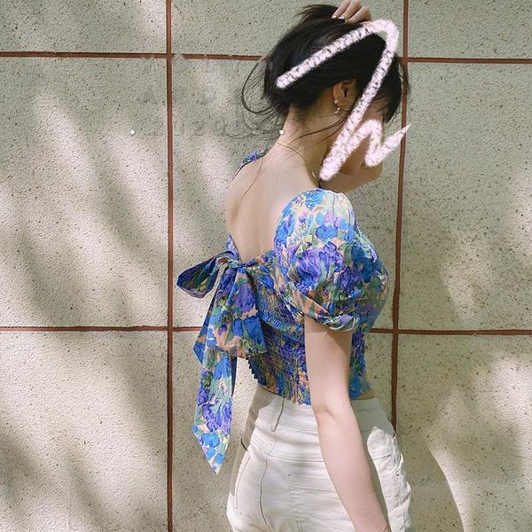 

women's blouses & shirts elegant floral print women harajuku backless crop puff sleeve shirt bohemian style bodycon bow summer, White