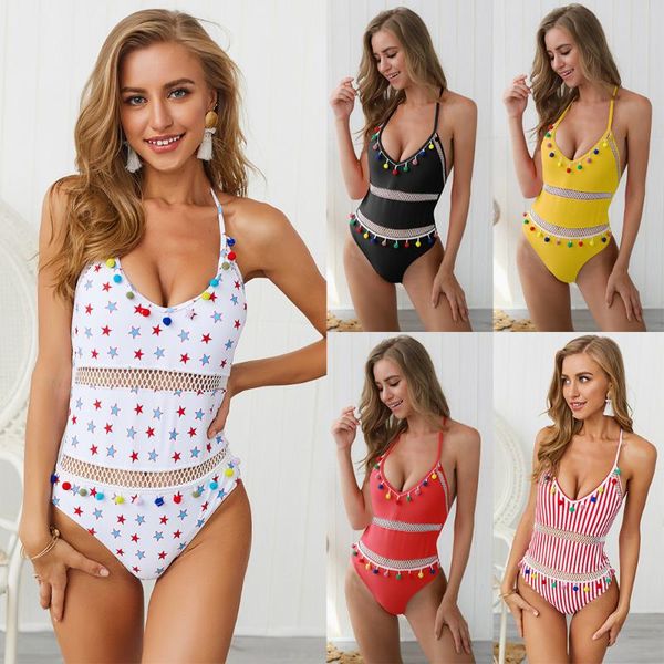 

one-piece suits one piece swimsuit falbala ball tassel colorful swimwear mesh clothing bathing bikini push up pom monkini
