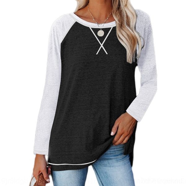 

ghte beizet-women's round neck long sleeve color women's t-shirt contrast t-shirt in autumn and winter 2021, White