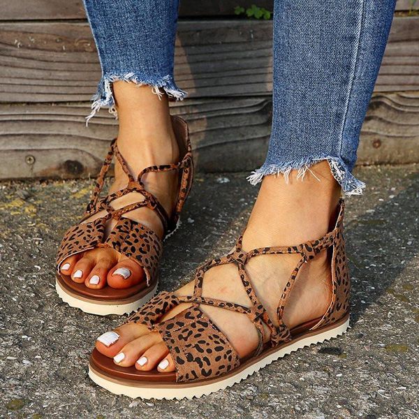 

women leopard print summer sandals plus size cross strap flat with shoes woman casual zipper gladiator sandalias mujer, Black