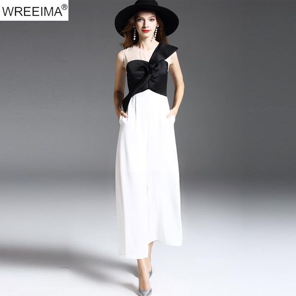 

women's jumpsuits & rompers wreeima 2021 summer high-end fashion runway patchwork bow long section wide leg pants female siamese, Black;white
