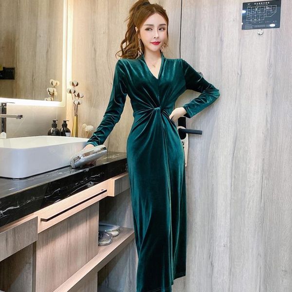 

casual dresses women dress autumn ol temperament high waist long sleeve tunic thin split fork velvet party evening plus size, Black;gray