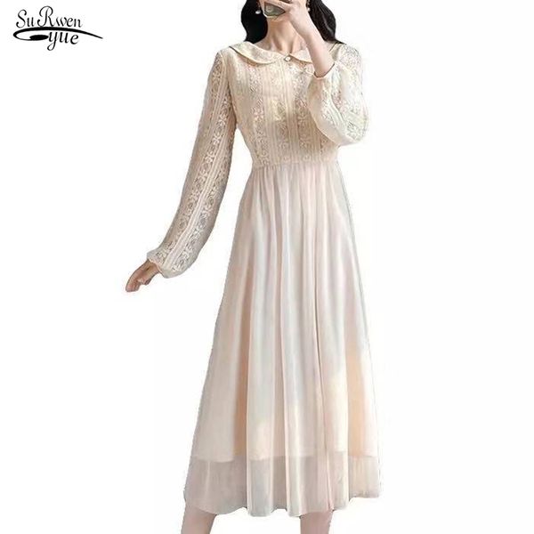 

fashion spring mesh dress for women solid vintage puff sleeve party high waist peter pan collar long 12913 210508, Black;gray