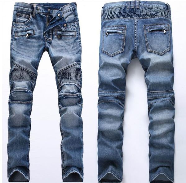 

fashion jeans men's light pleated slim straight motorcycle pants, Blue