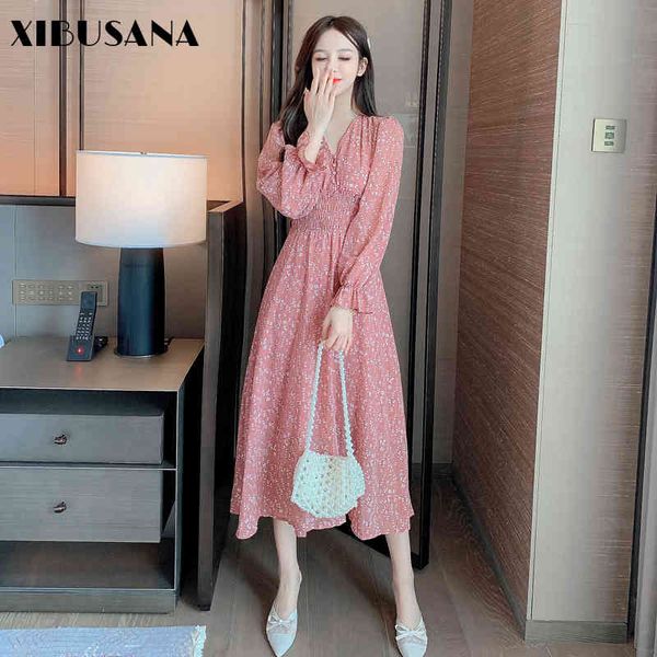 

autumn floral print dress women vintage flare sleeve botton v-neck elastic high waist dresses + sweater female 210423, Black;gray