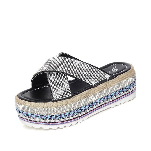 

spring and summer women's slippers thick bottom rhinestones outdoor fashion all-match durable beach home non-slip, Black