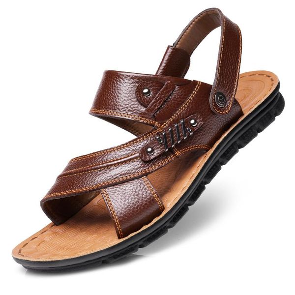 

sandals men's fashion cow leather non-slip outdoors beach shoes summer slippers soft flip flop man sandal zapatos hombre sandles, Black