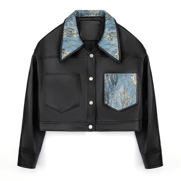 

women's leather & faux real sheepskin short coats jackets women fashion printed genuine turn down collar windbreaker outwear plus size, Black