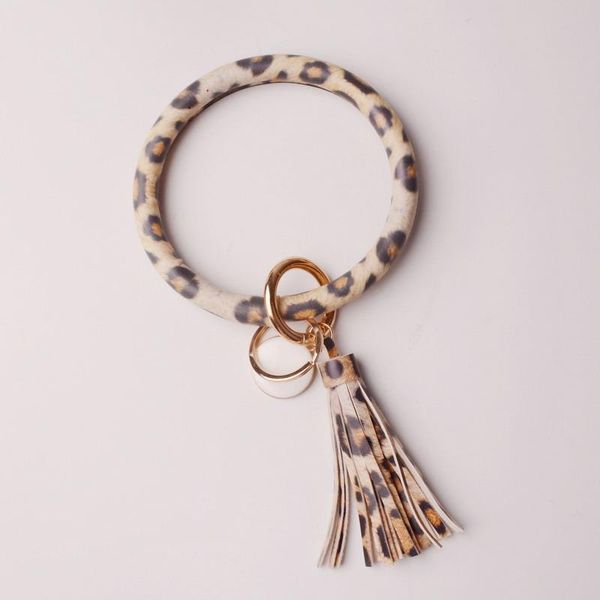 

keychains rainbery fashion leopard tassel keychain enamel pu leather o key chain circle wristlet for women girls, Silver