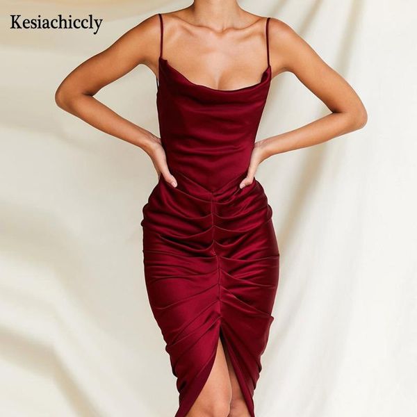 

kesiachiccly spaghetti strap spit dress women v neck ruched bodycon midi ladies summer club party elegant clothing casual dresses, Black;gray
