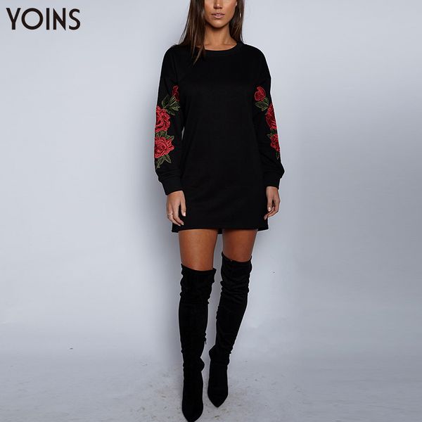 

dresses yoins 2021 spring women black fashion mini sweatshirt dress vintage rose embroidered long sleeve dresses club short vestidos, Black;gray
