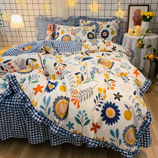 

bedding sets bed skirt lace 4-piece set pure cotton matte printed sheet skin friendly comfortable student all quilt cover