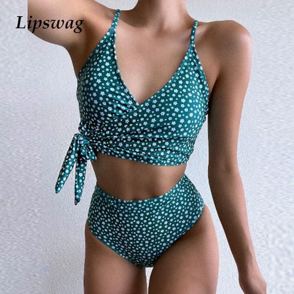 

two-piece suits print bandage two piece bikini swimsuit 2021 women high waist sets monokini push up swimwear beachwear bathing suit