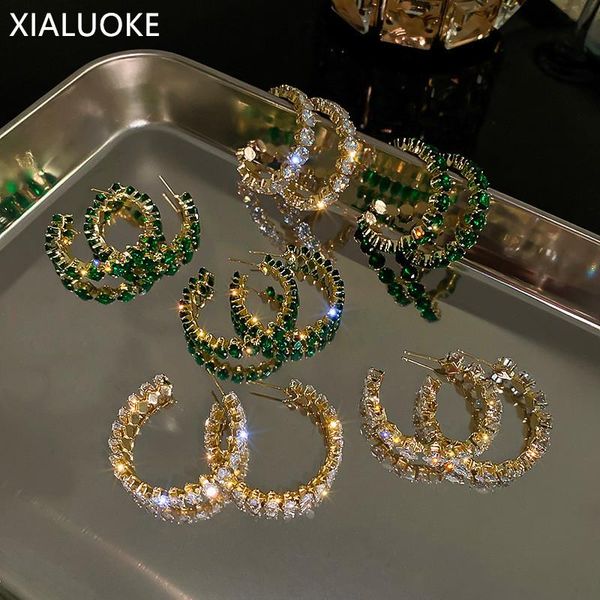 

stud xialuoke luxury geometric square round oval green zircon crystal c earrings for women fashion elegant earring party jewelry, Golden;silver