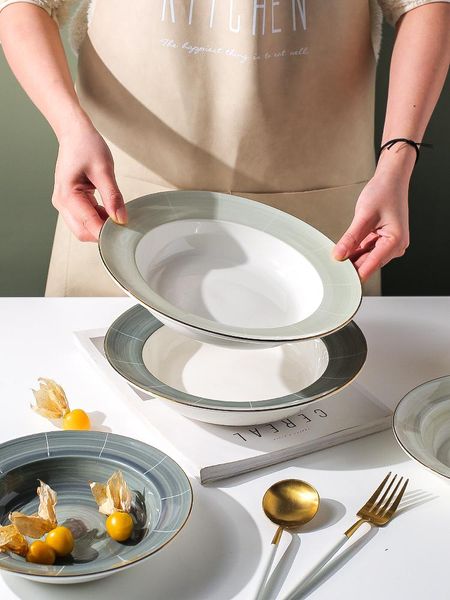 

dishes & plates 8inch round porcelain plate dessert dinnerware deep gold rim