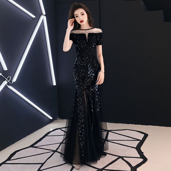 

evening female 2021 spring and summer banquet black host slim temperament drs celebrity fishtail, Black;gray