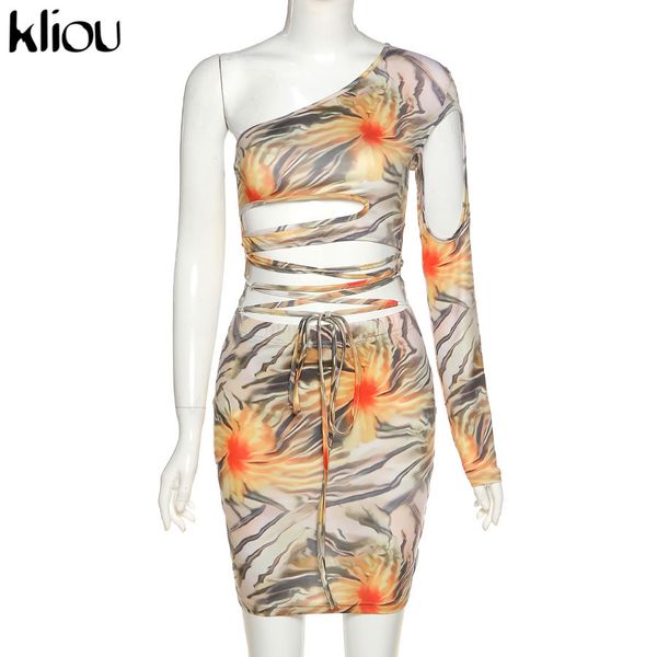 

2021kliou lace up floral print mini dresses women bandage one shoulder skinny bodycon clubwear female fashion outfits 2021 hot, Black;gray
