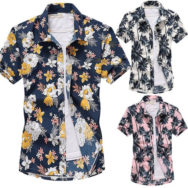 

casual men beach shirt summer short sleeve turn-down collar floral bohemia printed plus size blouse male buttons, White;black