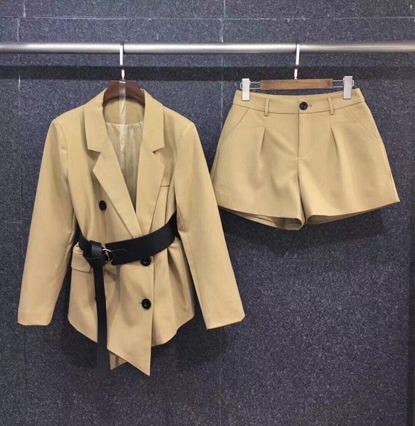 

women's tracksuits 2021 women fashion lapel buckle belt suit jacket + a line shorts solid color 1015, Gray