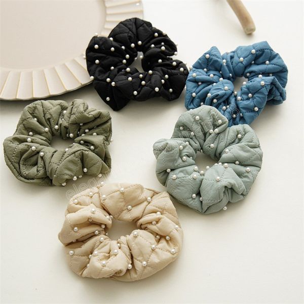 

fashion down fabric pearls hair scrunchies simple all-match women hair ropes elegant soft ponytail holder hair accessories, Pink
