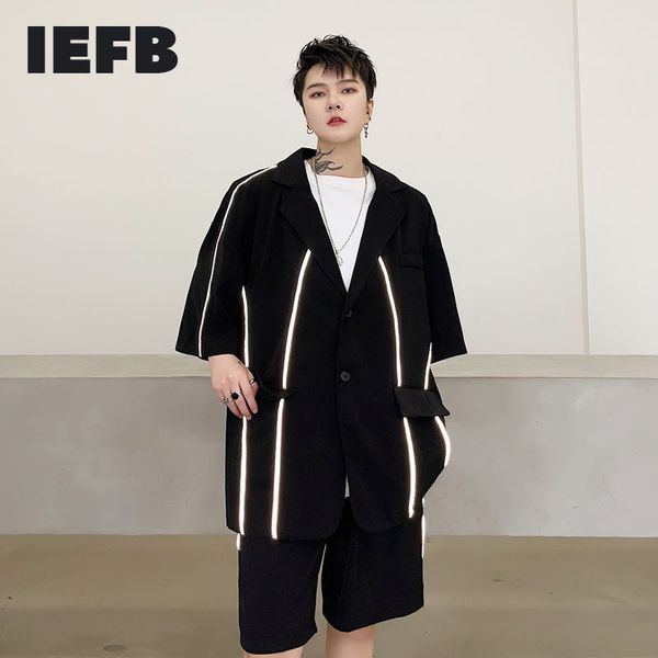 IEFB Yaz Yarım Kollu Blazer Yansıtıcı Şerit Tasarım erkek Kısa Kollu Tek Göğüslü Suit Ceket Streetwear 9Y7277 210524