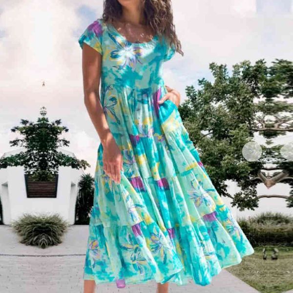 

summer womens boho dresses tie dye green print short sleeve loose dress o-neck beach evening party dresses plus size, Black;gray
