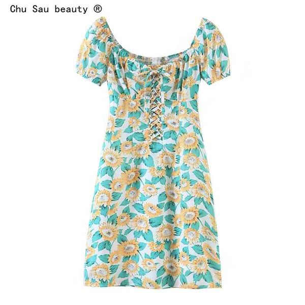 

spring summer pastoral style vintage slim back elastic square collar front lace-up hollow mini dress women 210508, Black;gray