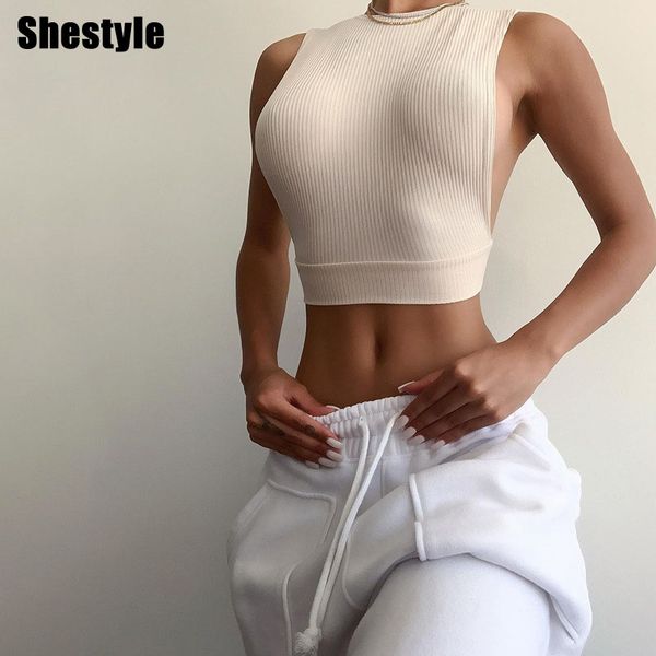 

shestyle sleeveless tank o neck stretchy streetwear rib-knited solid texture clubwear cropped camis 2021 new arrivalsing, Black;white
