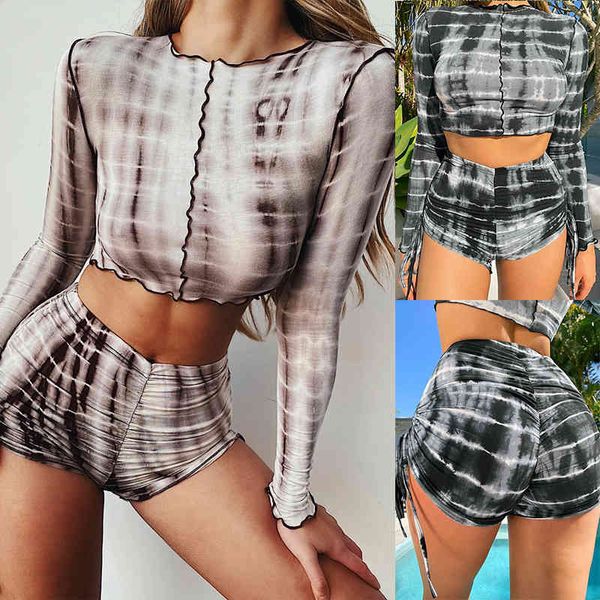 

summer 2021 new women's printed round neck long sleeve shorts suit, Black;gray