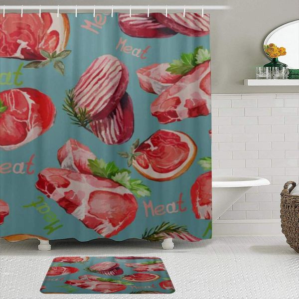 

shower curtain sets with non-slip rugs,creative delicious food steak meat mat,durable waterproof polyester fabric bathroom