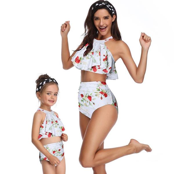 

one-piece suits bikini 2021 parent-child flower print ruffle two piece suit swimwear female girls polka dot beachwear pool spa swimsuit s931
