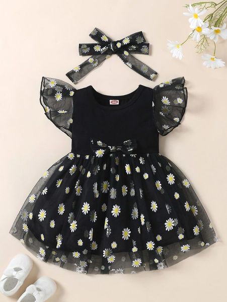 

baby floral mesh bow front dress & headband she, Red;yellow