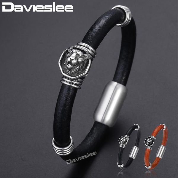

link, chain davieslee punk leather bracelet for men stainless steel leopard head genuine men's bracelets male jewelry 8mm ddlbm24, Black