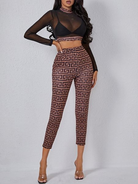 

sxy greek fret print mesh insert mock neck crop & leggings without bra 72wq#, White