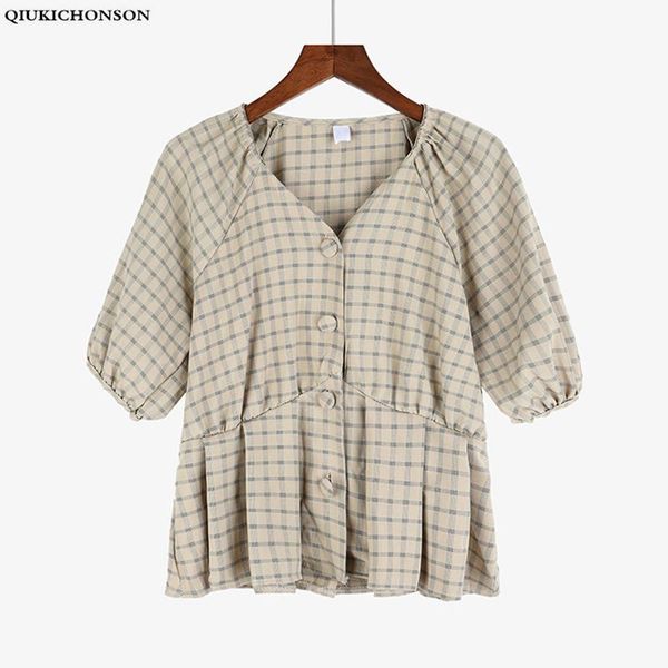 

women's blouses & shirts qiukichonson peplum women korean fashion v-neck plaid puff sleeve short crop cute summer ruffle blouse bluzki, White