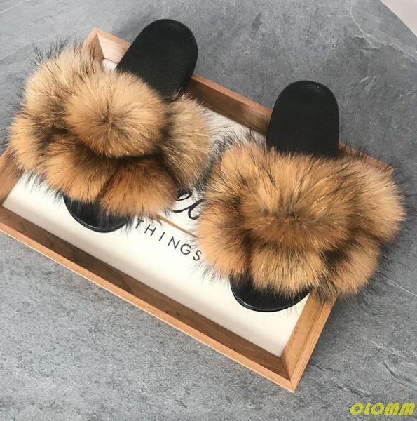 

slippers furry pom fur slides women reall flip flop flat fluffy ball sandals ladies cute rainbow shoes, Black