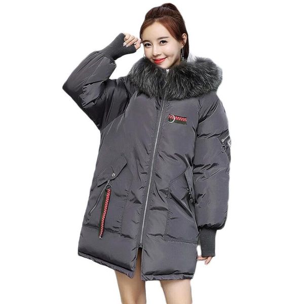

winter jacket coat women fur collar cotton embroidered cotton-padded solid color long style hooded a231 women's down & parkas, Black