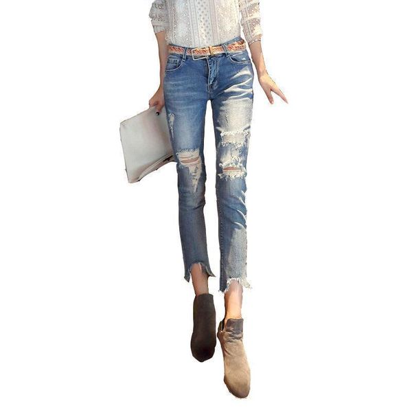 

women's jeans high waist korean version of spring and summer thin ripped stretch was fashion casual, Blue