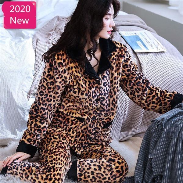 

winter pajamas leopard women sleepwear print warm set thick pajama 2piece suit shirt pants homewear big, Black;red