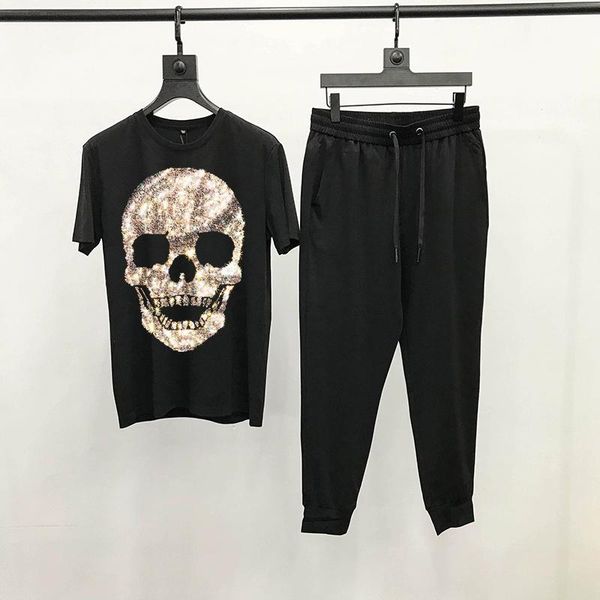 

men's tracksuits slim breathable short-sleeved young skull pattern set tracksuit brand diamond t-shirt, Gray
