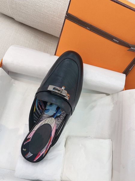 

2023 ess half slippers for women wearing stylish flip-flops leather flat web celebrity muller loafers with no heel dunks designer, Black
