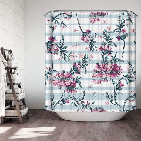 

flower shower curtain set stripe cyan and white stripes plant bathroom decor waterproof polyester fabric accessories bath