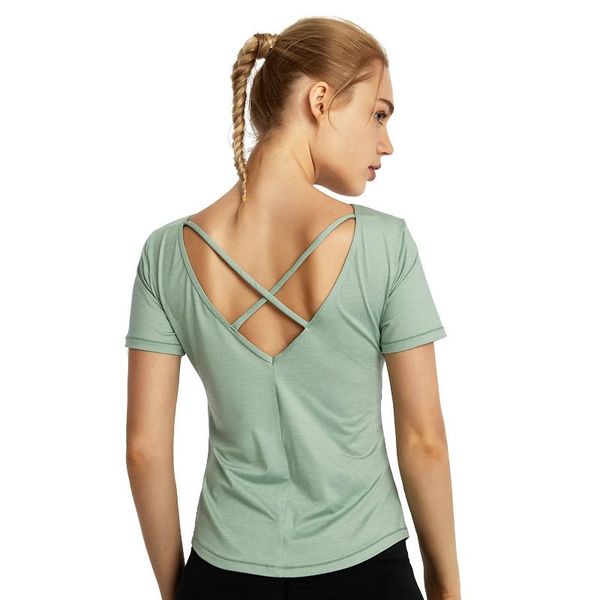 

casual short sleeve women yoga shirts solid backless vest sports singlet fitness running training workout sportswear outfits, White;red