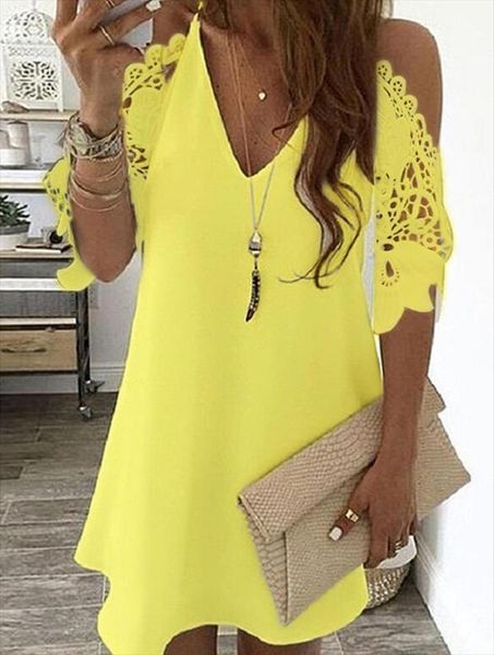 

lace splicing v neck women dresses off shoulder sling mini solid color casual hollow out sleeve, Black;gray